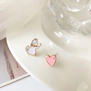 Gold White Kitten Pink Heart Stud Earrings For Women Girl Party Jewelry